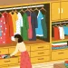 Illustration shows a room with a large built-in closet, a man putting away shoes, and a woman opening a drawer of clothes.