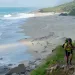 A backpacker climbs a trail on the Heaphy Track, on New Zealand's South Island. To the left is a beach and turquoise ocean.