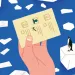 Illustration shows an ocean and icebergs, one with a penguin. A hand holds up a ballot with three options, one checked.