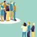 Illustration shows the power of small governmental actions: A woman talks to three other people, and those people talk to five people and that group speaks toward the sky.