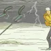 Illustrations show a woman hiking, then she's thinking about her boyfriend, a shower, and a beer, then she's stuck in a lightning storm and throwing her walking poles, and then she's in a gully waiting for the storm to pass.