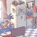 Illustration shows a cut-out of a kitchen and living room. A woman is putting a bag of popcorn in the microwave while a man lies on a couch with a cat.