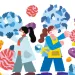 Illustration shows people of different races, ages, and professions wearing masks and holding each other up.