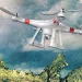 Photo illustration shows a white drone over a forest with a deer and a succulent in the foreground.