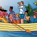 Illustration shows a rowboat full of people of different races, with an eagle flying overhead.