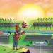 Illustration shows someone standing on a ledge, carrying a potted plant/vase of flowers and looking at a sunrise or sunset. Below are solar arrays and wind turbines.