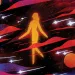 Illustration shows a woman from behind in bright light with stars and planets swirling around her.