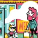 Illustration shows a couple walking up to a cannabis dispensary. A cat wearing sunglasses is walking out, along with a waft of smoke. The sign says "Go Green Medical Dispensary." A sign in the window says, "Try our new strains."