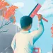 Illustration shows the back of man painting over an image of smokestacks spewing smoke, replacing them with a bright sky and healthy trees.
