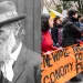 Close-up black-and-white photo of John Muir./ Young people are lined up and holding a bright-orange banner.