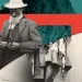 Photo-illustration shows pieces of Cathedral Rock in Yosemite; the top half of John Muir, wearing a hat and looking down; and the bottom half of a Native American, wearing traditional clothing and moccasins.