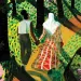 Illustration shows the backs of a young woman and her mom holding hands and walking on a path through a forest with trees, flowers, and birds. The young woman is wearing pants and a backpack. The mom is wearing a colorful Somali dress and white head scarf