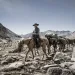 A man rides horseback leading five other pack animals (horses or mules) along a rocky portion of the John Muir Trail.