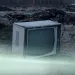 An old TV sits on the ground with a forest in the background.