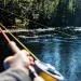 A fly fishing rod with line extending across the surface of a stream.