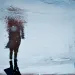Blurry silhouette of a walking figure in a long coat, reflected onto a blue, rainy street.