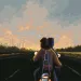 Pixelated illustration of two figures on a motorcycle riding into a peach-colored sunset.