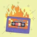 Image of a purple mix tape on fire against a pale yellow background. 