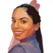 Illustration shows Mercedes Macias looking over her shoulder and smiling.