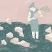 Illustration shows a woman standing in water picking up a house while other houses are being submerged.