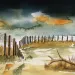 Watercolor illustration shows a wooden and metal fence and an elk antler lying on the ground.