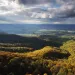 View in Shenandoah National Park with fall foliage on the ground and a cloudy sky.