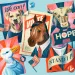 Illustration shows five posters with animals (a dog, horse, duck, bull, and pig) in professional attire with the slogans We Can!, Hope, Stand Up, and Vote.
