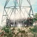 Illustration shows a group of prisoners wearing black-and-white uniforms trapped inside an electrical tower with power lines.