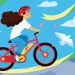 Illustration shows a bicyclist riding with blue sky and a bird, and underneath a bicyclist riding in traffic with gray sky.