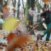 A man wearing noise-canceling ear muffs holds a leaf blower. Fall leaves are blowing toward the camera.