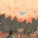 Illustration shows people walking next to houses carrying buckets against a smoky sky.