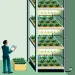 A man stands in front of a tall rack of produce growing. His clipboard says "water schedule."
