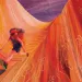 Bright illustration shows a female hiker walking through curvy redrock.