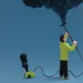 Illustration shows a man with a small green vacuum, sucking black smoke out of the air against a blue background.