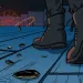Illustration shows a view at foot level of boots walking on a boardwalk at night. There are sunflower seeds on the ground and lit-up rides in the background.