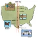 Cartoon illustration shows a map with the 100th meridian and stops along the way.