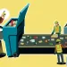 Illustration shows a man putting a plastic container in a blue bin. Attached is a conveyer belt with seven people pulling off various items and putting them in bins.