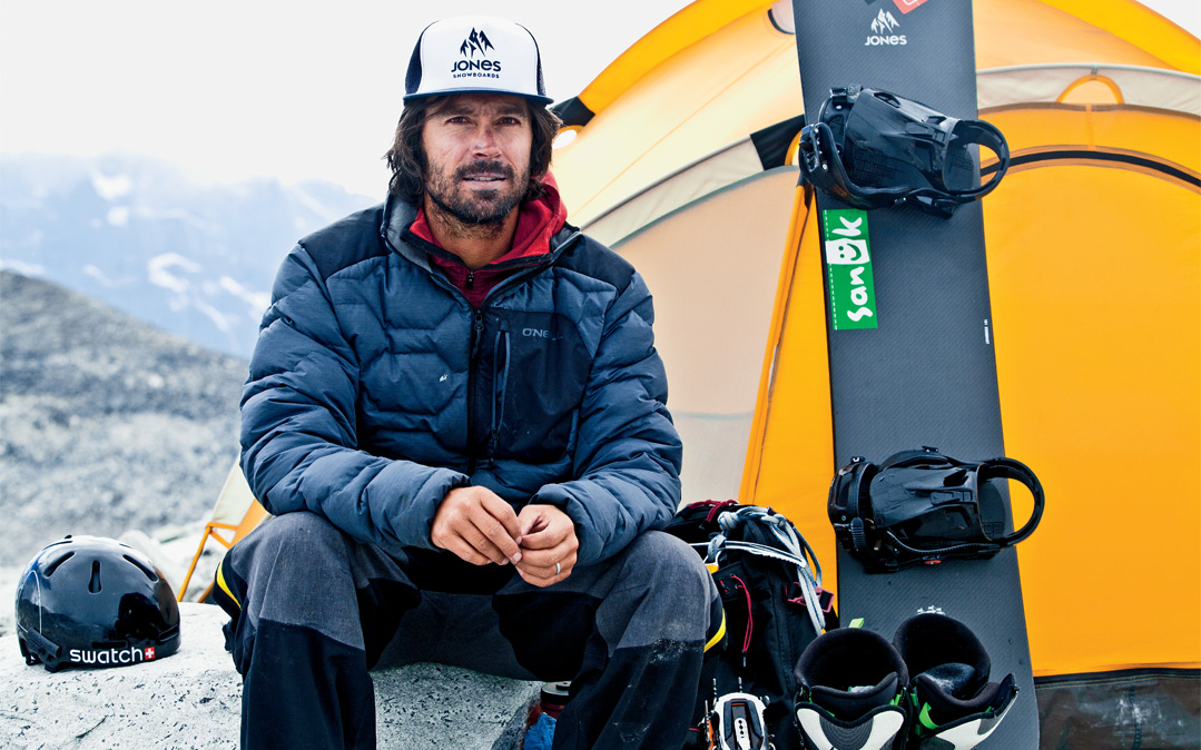 Snowboarder Jeremy Jones in Nepal's Khumbu Valley, one day after a first descent from 21,000 feet.