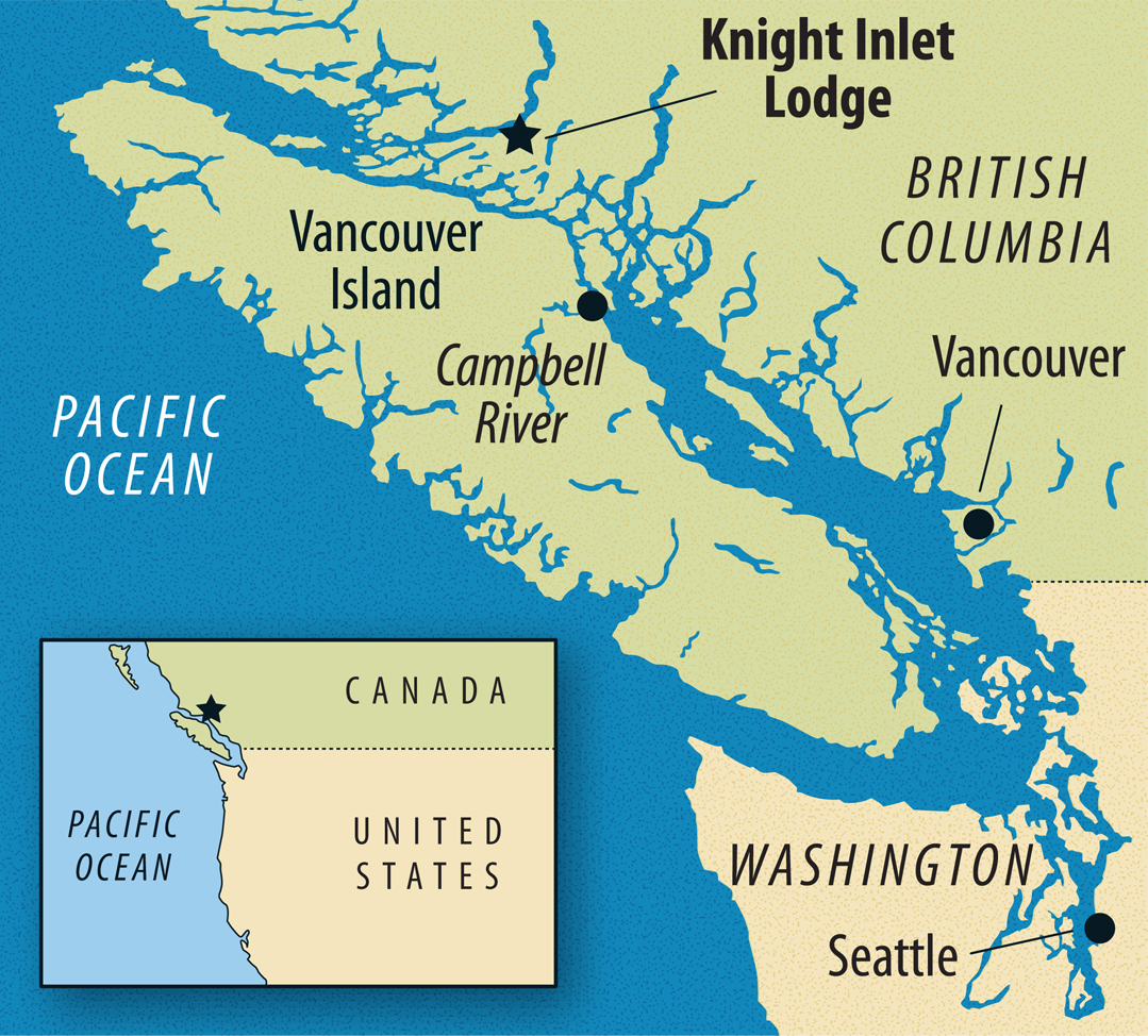 A map shows the location of the Knight Inlet Lodge, British Columbia.