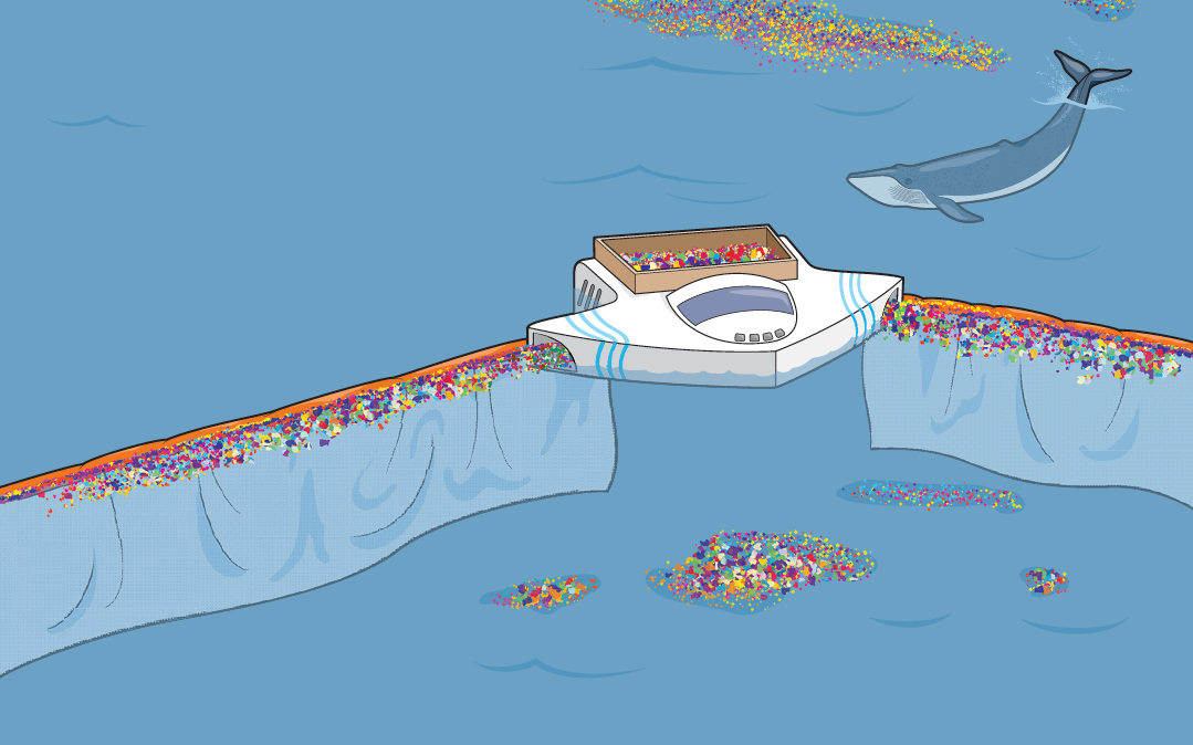 The Ocean Cleanup would make use of the gyre's predictable currents. Two 30-mile-long floating booms would catch plastic debris in screens that descended into the water, and their V shape would naturally funnel the waste toward a central collection platfo