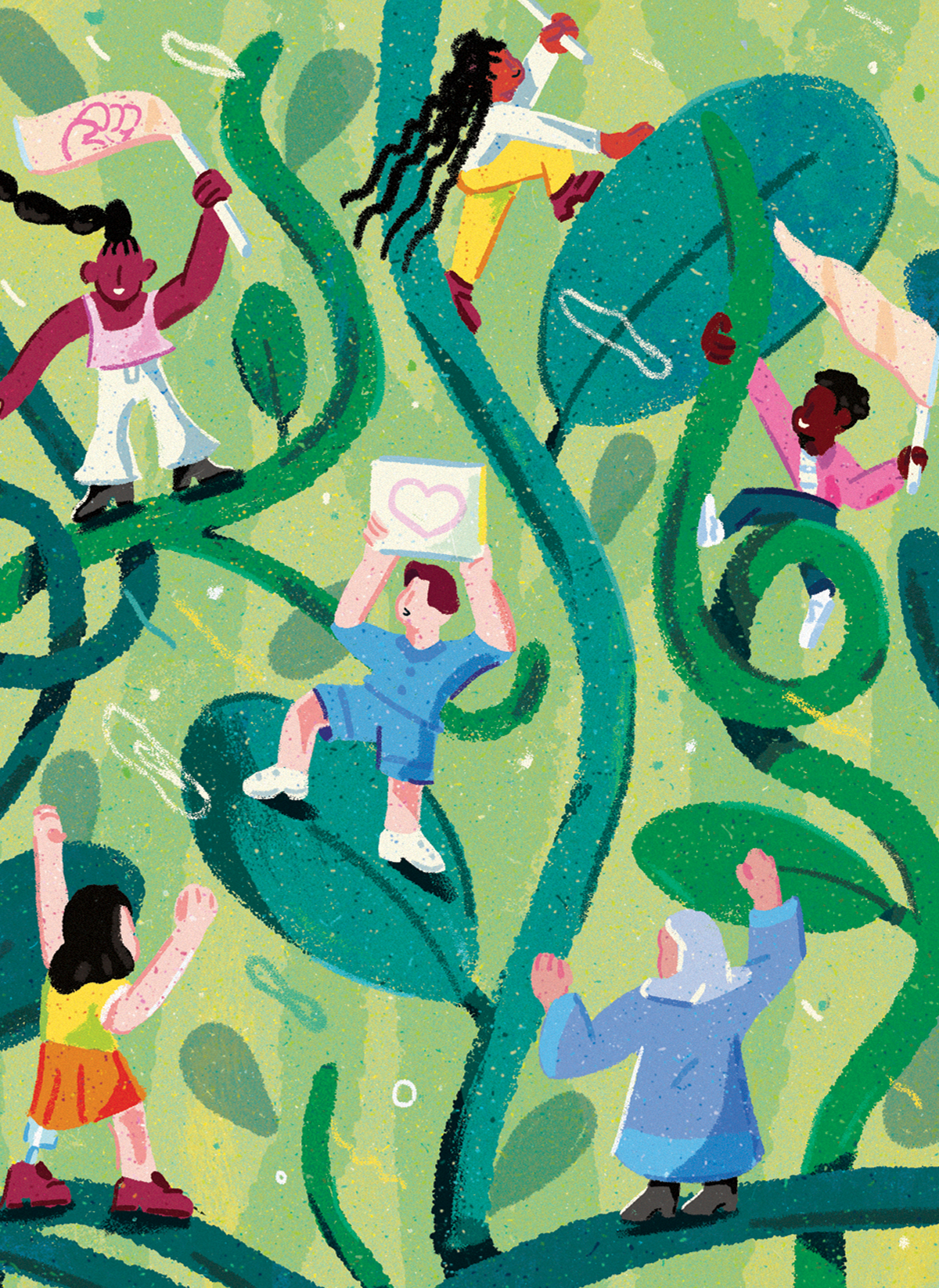 Illustration shows six miniature people of various stripes holding signs (one is of a heart). They're climbing on a vine.