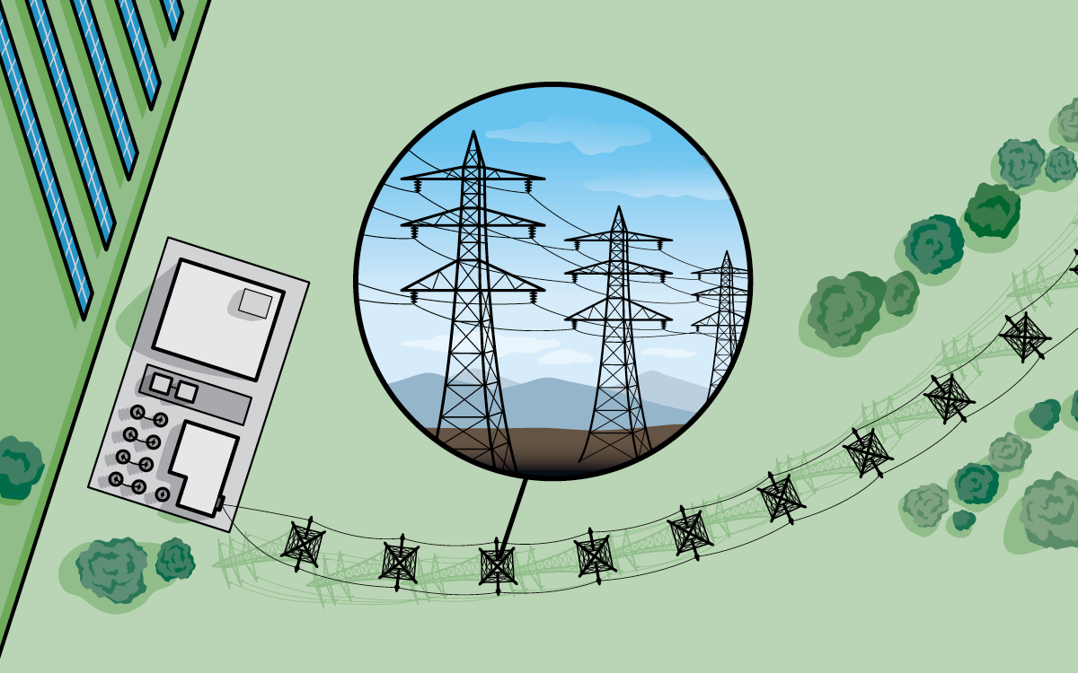 Infographic shows an aerial view of a solar array and EV charging station.