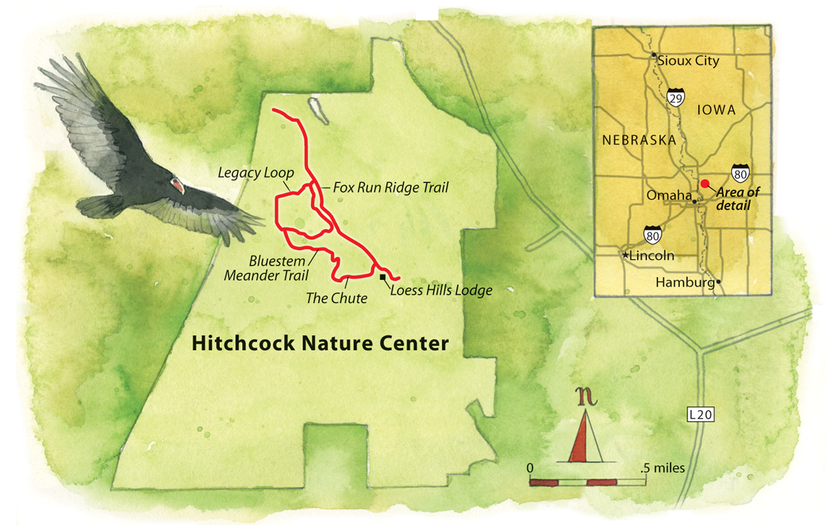 Illustrated map shows location of Loess Hills and the Loess Hills National Scenic Byway.