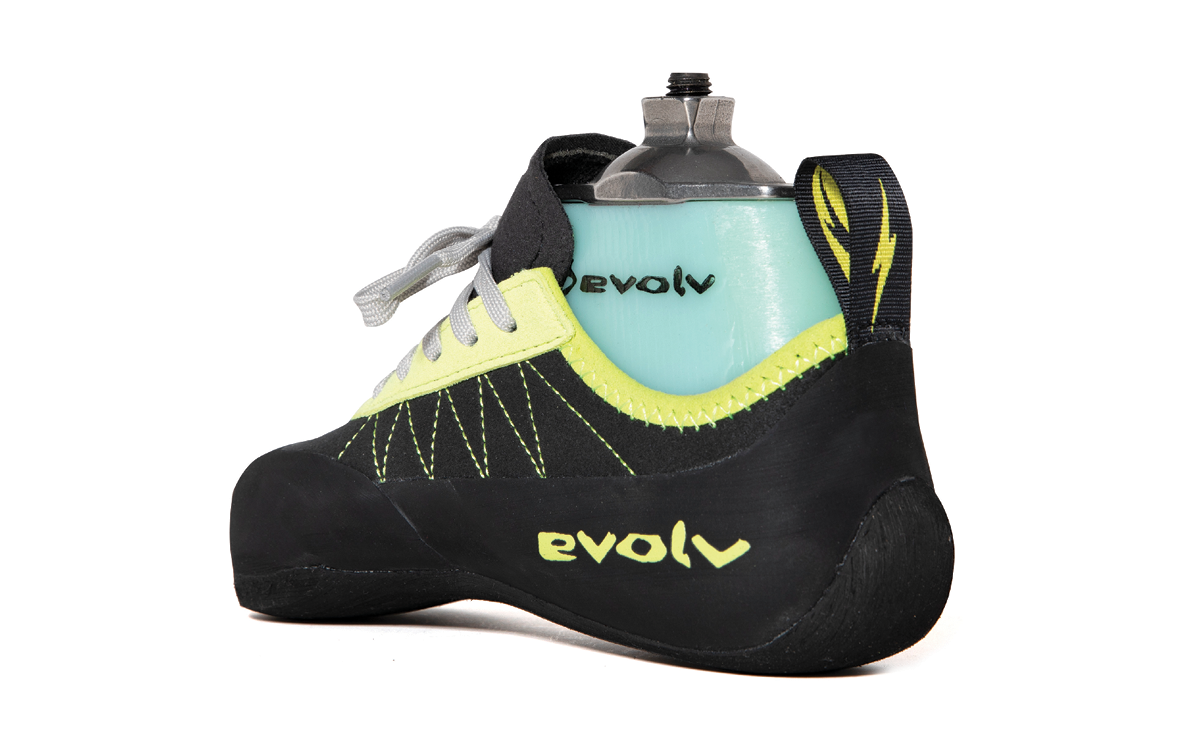 Evolv's Eldo Z climbing shoe with an adaptive foot inside.
