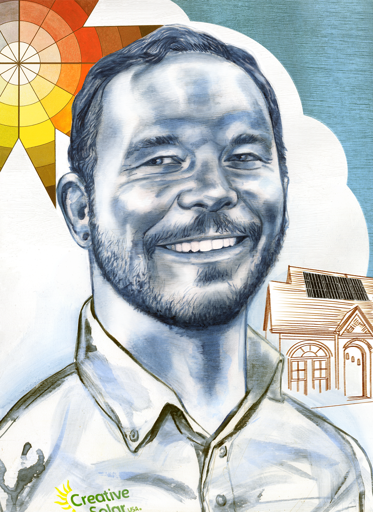 Illustration of Seth Gunning wearing a Creative Solar shirt and smiling at the camera.
