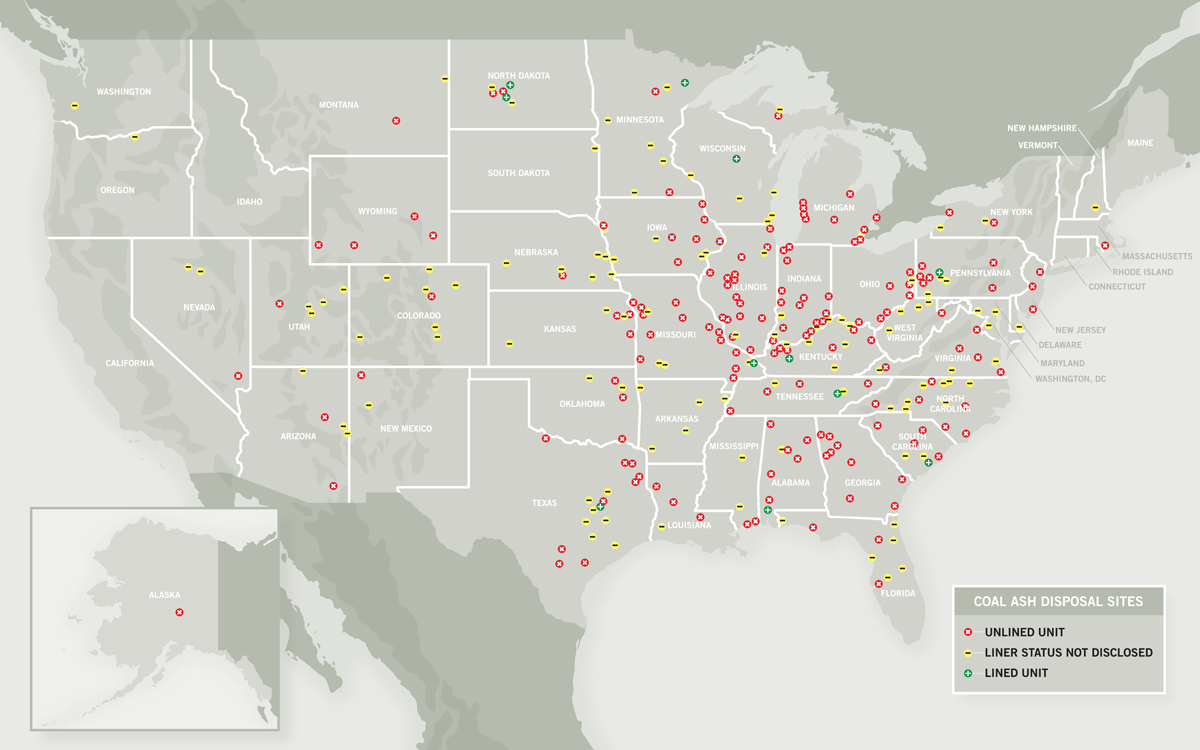 Map shows coal ash disposal sites across the United States.