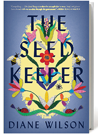 The cover of The Seed Keeper is blue with flowers and two bees.