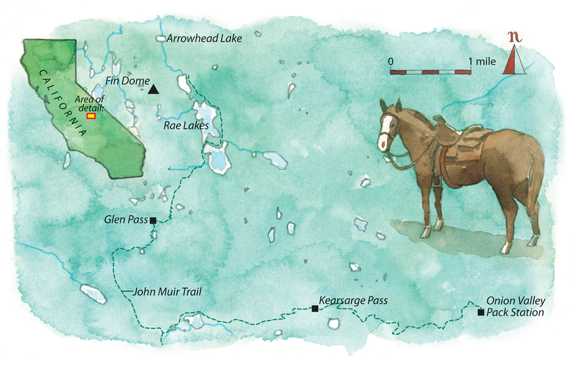 Illustrated map shows the author's route through the eastern Sierra.