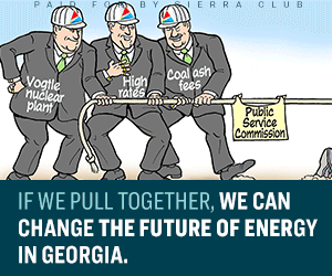 Cartoon image depicting a tug-of-war match between Georgia Power and the people of Georgia with text "If we pull together, we can change the future of energy in Georgia. Let's tell the Georgia Public Service Commission what the people of Georgia want."