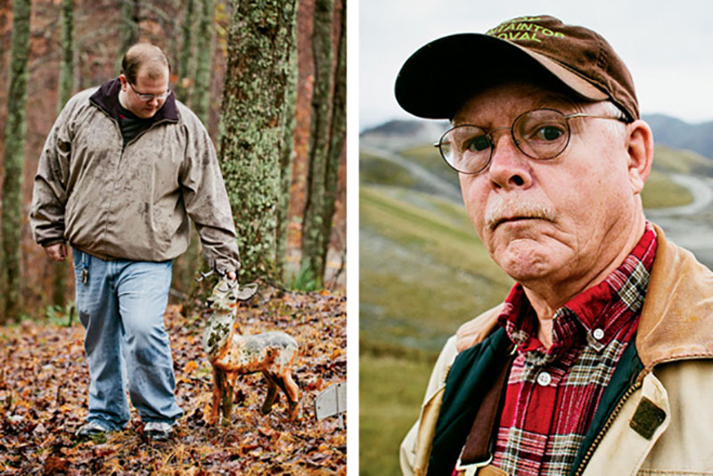 Left: Dustin White tends his family graveyard. Right: Larry Gibson watched a bulldozer push half of his family cemetery over a coal mine's highwall.
